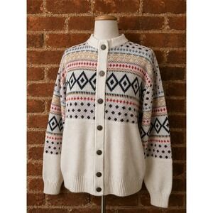 Vintage Fair Isle Knit Cardigan Sweater Nordic‎ Cream Multi Geometric Medium